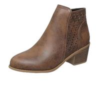 HESYSUAN Women's Chunky Mid-Heel Slip-On Leather Orthopaedic Ankle Boots, Fall Winter Pointed Toe Stacked Mid Heel Side Zipper Breathable Barrel Hollow Booties Lightweight Chelsea Boots (Brown,42 EU)