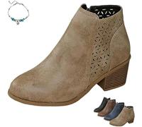 HESYSUAN Women's Chunky Mid-Heel Slip-On Leather Orthopaedic Ankle Boots, Fall Winter Pointed Toe Stacked Mid Heel Side Zipper Breathable Barrel Hollow Booties Lightweight Chelsea Boots (Khaki,36 EU)