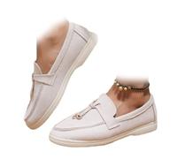 HESYSUAN Women's Comfort Low Top Suede Leather Loafers, Slip on Penny Flat Shoes Loafer with Decorative Tassel Lightweight Driving Moccasins (Beige,39EU)