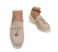 HESYSUAN Women's Comfort Low Top Suede Leather Loafers, Slip on Penny Flat Shoes Loafer with Decorative Tassel Lightweight Driving Moccasins (Khaki,37EU)
