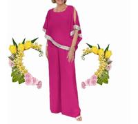 HESYSUAN Women's Fashionable and Elegant Tops and Pants Two-piece Set Sequined Trouser Suits for Wedding Guest Summer Chiffon Sequined Casual Suit (Rose red,L)