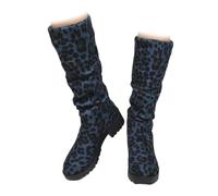 HESYSUAN Womens Suede Leopard Print Knee High Boots, Slouch Ruched Wide Calf Round Toe Comfort Non Slip Long Booties Comfortable Chunky Heels Booties (blue-Leopard print,5)
