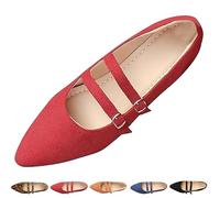 HESYSUAN Womens Suede Mary Jane Flats, Double Strap Mary Jane Casual Slip-On Flats, Breathable Closed Toe Dressy Ballet Shoes (red,4)
