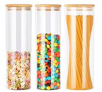 HET KAHEIGN 3PCS Storage Jars with Silicon Ring Bamboo Lids, 1500ml x 2 / 2100ml Air Tight Glass Kitchen Food Cereal Containers for Jam Pasta Spaghetti Coffee Beans Cookie Snack Flour