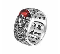 HETICA Unisex Pixiu Red Garnet Adjustable Ring, Buddhist Mantra Design