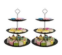 Hetoco 3-tier Black Silver Plastic Dessert and Cake Stand - Cupcake Holder - Serving Platter for Party and Wedding - Home Decor - Large - Set of 2