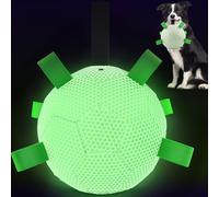 HETOO Glow in The Dark Toys, Interactive Light Up Dog Balls, Outdoor Dog Soccer Ball with Straps, Tug Toys for Small & Medium Dogs, Puppy Birthday Gifts (6 Inch Honeycomb pattern)