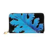 HETPLKD Blue Oak Leaves Leather Wallet for Women Long Coin Purse Ultra Slim Credit Cards Holder Bifold Clutch