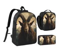 HETPLKD Goat Looking into Camera Backpack Set 3 PCS - 17 Inch Laptop Backpack with Lunch Bag, Waterproof Daypack Insulated Lunch Box Large Capacity Coin Pouch Personalized Gift