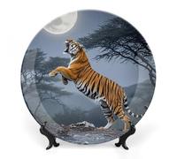 HETPLSD 10inch Elegant Bone China Decorative Plate with Stand, Tiger Moon Wall Decor Plate Ceramic Ornaments Wall Or Table Display for Office, Home & Entryway Decor
