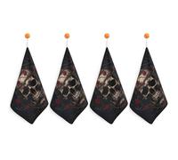 HETPLSD 4PCS Skull with Red Rose Hand Towels, 11.8x11.8 Inch Microfiber Kitchen Towels with Hanging Loop, Super Absorbent & Fast Drying Small Towel for Bathroom Kitchen