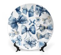 HETPLSD 7inch Elegant Bone China Decorative Plate with Stand, A Set of Blue Bows Wall Decor Plate Ceramic Ornaments Wall Or Table Display for Office, Home & Entryway Decor