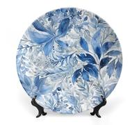 HETPLSD 8inch Elegant Bone China Decorative Plate with Stand, Blue Leaves Pattern Wall Decor Plate Ceramic Ornaments Wall Or Table Display for Office, Home & Entryway Decor