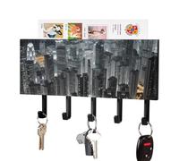 HETPLSD Aerial Night of View Hong Kong Key Holder for Wall, 5 Hooks Self Adhesive Key Rack with Mail Organizer, PU Leather Entryway Organizer for Keys, Wallet, Mudroom & Bathroom, 7.1"x4.3"