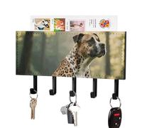 HETPLSD Animal Print Pit Bull Key Holder for Wall, 5 Hooks Self Adhesive Key Rack with Mail Organizer, PU Leather Entryway Organizer for Keys, Wallet, Mudroom & Bathroom, 7.1"x4.3"