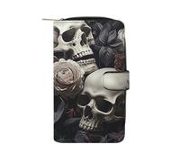 HETPLSD Black And White Flowers And Skull Bifold Wallet for Men & Women, Slim PU Leather Wallets with 12 Card Slots | Zipper Cash Pocket | ID Window, Compact Travel Wallet for Daily Use
