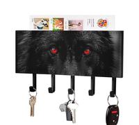 HETPLSD Black Red Eyed Wolf Key Holder for Wall, 5 Hooks Self Adhesive Key Rack with Mail Organizer, PU Leather Entryway Organizer for Keys, Wallet, Mudroom & Bathroom, 7.1"x4.3"