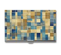 HETPLSD Blue And Beige Squares Business Card Holder, Slim Metal Name Cards Organizer, Professional Business Card Case for Men & Women