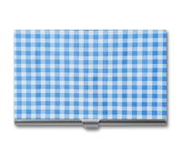 HETPLSD Blue And White Plaid Business Card Holder, Slim Metal Name Cards Organizer, Professional Business Card Case for Men & Women