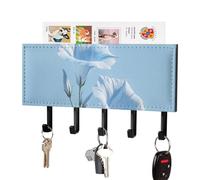 HETPLSD Blue Morning Glory Key Holder for Wall, 5 Hooks Self Adhesive Key Rack with Mail Organizer, PU Leather Entryway Organizer for Keys, Wallet, Mudroom & Bathroom, 7.1"x4.3"