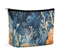 HETPLSD Blue Seaweed Painting Cosmetic Bag PU Leather Makeup Bag with Zipper, Portable Travel Toiletry Organizer for Women Men