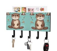 HETPLSD Cartoon Cute Otter Key Holder for Wall, 5 Hooks Self Adhesive Key Rack with Mail Organizer, PU Leather Entryway Organizer for Keys, Wallet, Mudroom & Bathroom, 7.1"x4.3"