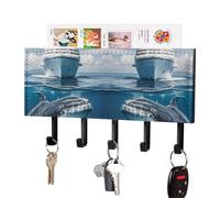 HETPLSD Cruise Ship Ocean Killer Whale Key Holder for Wall, 5 Hooks Self Adhesive Key Rack with Mail Organizer, PU Leather Entryway Organizer for Keys, Wallet, Mudroom & Bathroom, 7.1"x4.3"