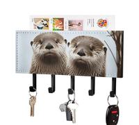 HETPLSD Cute Otter Key Holder for Wall, 5 Hooks Self Adhesive Key Rack with Mail Organizer, PU Leather Entryway Organizer for Keys, Wallet, Mudroom & Bathroom, 7.1"x4.3"