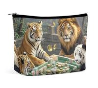 HETPLSD Divine Beasts Playing Mahjong Cosmetic Bag PU Leather Makeup Bag with Zipper, Portable Travel Toiletry Organizer for Women Men
