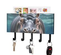 HETPLSD Diving Hippo Key Holder for Wall, 5 Hooks Self Adhesive Key Rack with Mail Organizer, PU Leather Entryway Organizer for Keys, Wallet, Mudroom & Bathroom, 7.1"x4.3"