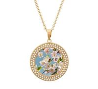 HETPLSD Elegant Diamond Necklace for Women, Japanese Floral Cherry Blossom Pendant 1.3" with 20" Chain, Charm Necklace Jewelry Gift, One Size, Metal, alloy