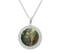 HETPLSD Elegant Diamond Necklace for Women, Tiger in The Jungle Pendant 1.3" with 20" Chain, Charm Necklace Jewelry Gift, One Size, Metal, alloy