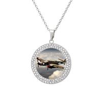 HETPLSD Elegant Diamond Necklace for Women, World War 2 Aircraft Airplane Pendant 1.3" with 20" Chain, Charm Necklace Jewelry Gift, One Size, Metal, alloy