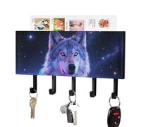 HETPLSD Galaxy Wolf Key Holder for Wall, 5 Hooks Self Adhesive Key Rack with Mail Organizer, PU Leather Entryway Organizer for Keys, Wallet, Mudroom & Bathroom, 7.1"x4.3"