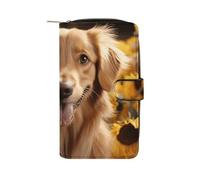 HETPLSD Golden Retriever Sunflower Bifold Wallet for Men & Women, Slim PU Leather Wallets with 12 Card Slots | Zipper Cash Pocket | ID Window, Compact Travel Wallet for Daily Use