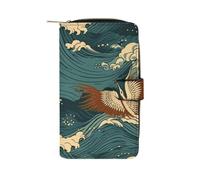HETPLSD Japan Wave Wallpapers Bifold Wallet for Men & Women, Slim PU Leather Wallets with 12 Card Slots | Zipper Cash Pocket | ID Window, Compact Travel Wallet for Daily Use