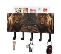 HETPLSD Lion Image Key Holder for Wall, 5 Hooks Self Adhesive Key Rack with Mail Organizer, PU Leather Entryway Organizer for Keys, Wallet, Mudroom & Bathroom, 7.1"x4.3"