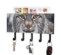 HETPLSD Lynx in The Snow Key Holder for Wall, 5 Hooks Self Adhesive Key Rack with Mail Organizer, PU Leather Entryway Organizer for Keys, Wallet, Mudroom & Bathroom, 7.1"x4.3"