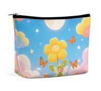 HETPLSD Orange Butterfly Moon Flower Cosmetic Bag PU Leather Makeup Bag with Zipper, Portable Travel Toiletry Organizer for Women Men