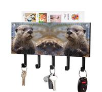 HETPLSD Otter Playing in The Water Key Holder for Wall, 5 Hooks Self Adhesive Key Rack with Mail Organizer, PU Leather Entryway Organizer for Keys, Wallet, Mudroom & Bathroom, 7.1"x4.3"