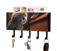 HETPLSD Owl Plays Piano Key Holder for Wall, 5 Hooks Self Adhesive Key Rack with Mail Organizer, PU Leather Entryway Organizer for Keys, Wallet, Mudroom & Bathroom, 7.1"x4.3"