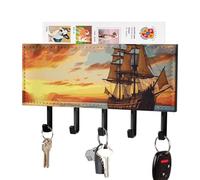HETPLSD Pirate Ship in The Sunset Key Holder for Wall, 5 Hooks Self Adhesive Key Rack with Mail Organizer, PU Leather Entryway Organizer for Keys, Wallet, Mudroom & Bathroom, 7.1"x4.3"