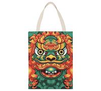 HETPLSD Reusable Canvas Tote Bag 17.7x13.8 Inch, Chinese Lion New Year Shopping Bag Aesthetic Canvas Bags for Work, Gym