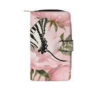 HETPLSD Ribbon Butterfly on Peony Bifold Wallet for Men & Women, Slim PU Leather Wallets with 12 Card Slots | Zipper Cash Pocket | ID Window, Compact Travel Wallet for Daily Use