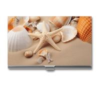 HETPLSD Seashells Starfish on The Sand Business Card Holder, Slim Metal Name Cards Organizer, Professional Business Card Case for Men & Women