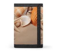 HETPLSD Seashells Starfish on The Sand Wallet, Unisex Tri-Fold Wallet with Card Slots & Keychain, Lightweight & Minimalist Wallets for Travel, Daily Use, Gifts