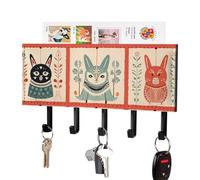 HETPLSD Some Animal Decorations Key Holder for Wall, 5 Hooks Self Adhesive Key Rack with Mail Organizer, PU Leather Entryway Organizer for Keys, Wallet, Mudroom & Bathroom, 7.1"x4.3"