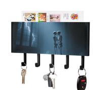 HETPLSD The Lovers Skull Key Holder for Wall, 5 Hooks Self Adhesive Key Rack with Mail Organizer, PU Leather Entryway Organizer for Keys, Wallet, Mudroom & Bathroom, 7.1"x4.3"
