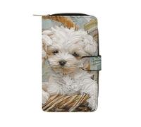 HETPLSD Two White Puppies Bifold Wallet for Men & Women, Slim PU Leather Wallets with 12 Card Slots | Zipper Cash Pocket | ID Window, Compact Travel Wallet for Daily Use