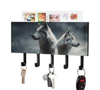 HETPLSD Wolf at Night Key Holder for Wall, 5 Hooks Self Adhesive Key Rack with Mail Organizer, PU Leather Entryway Organizer for Keys, Wallet, Mudroom & Bathroom, 7.1"x4.3"